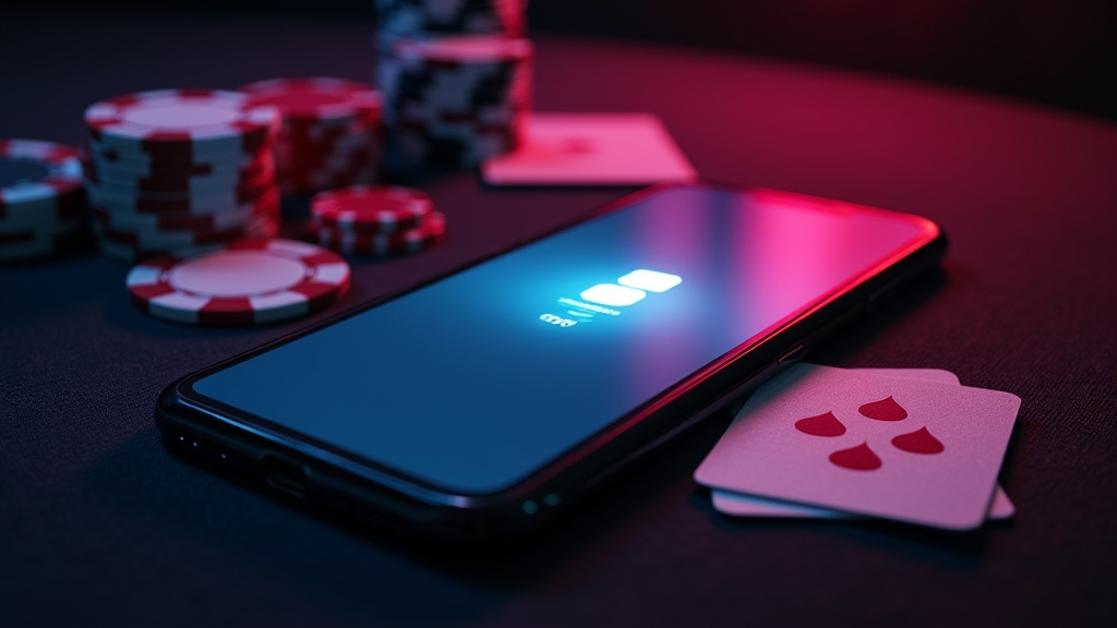 Smartphone installing a casino app beside chips in a dark setting