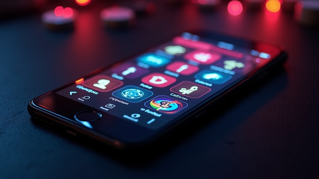 Smartphone showing a neon casino app interface in a dark lounge