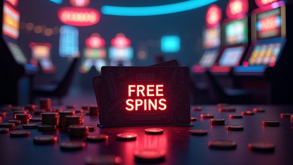 Free spins ticket and no deposit bonus card in a dark casino setting