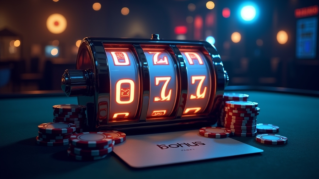 Neon casino welcome bonus banner above glowing slot reels and chips