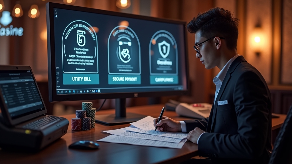 Casino verification desk with ID documents and a secure payment screen